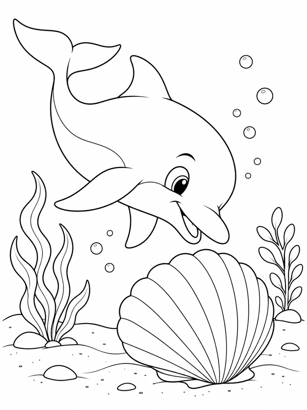Dolphin and scallop shell underwater coloring page