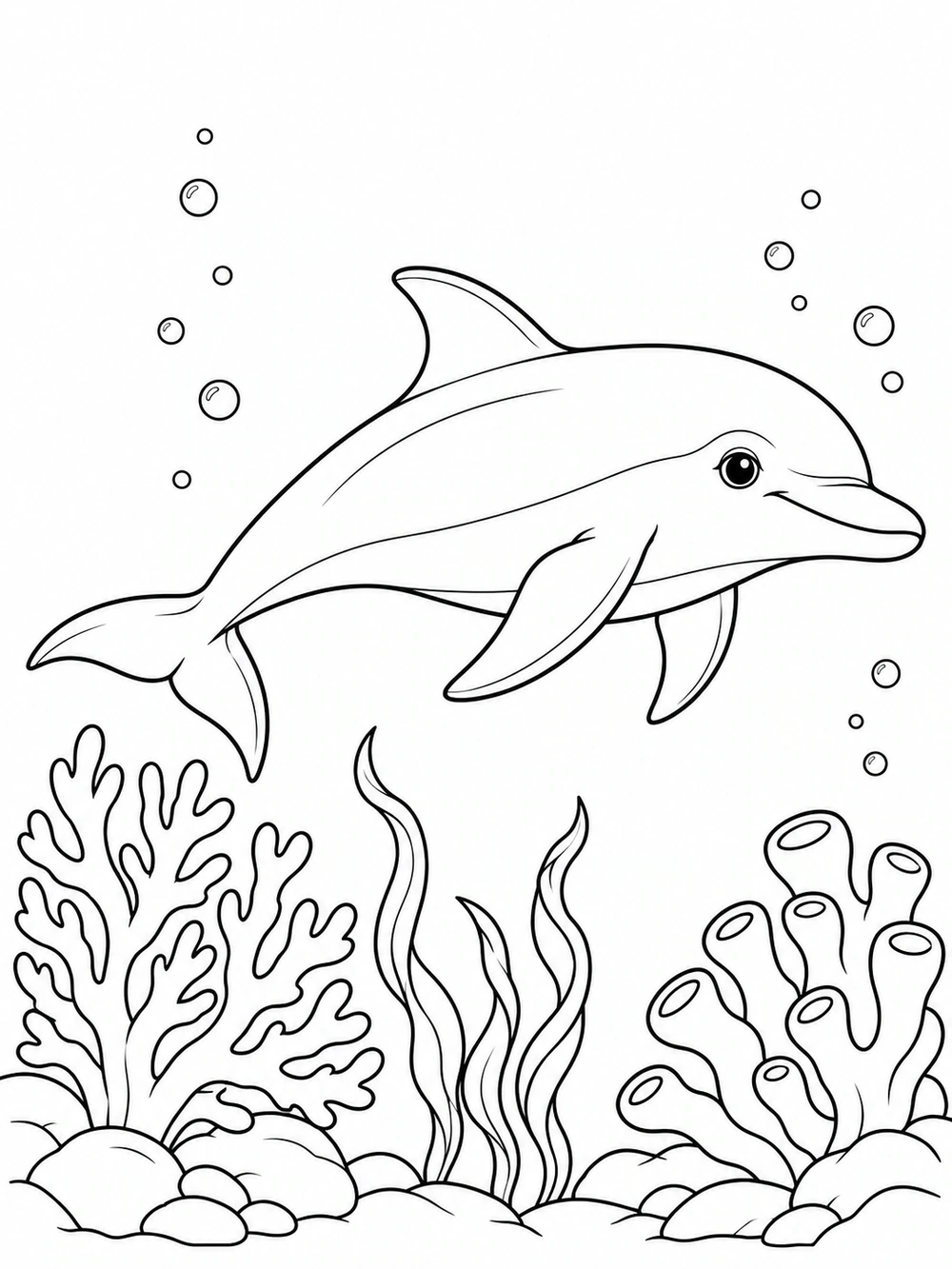 Printable black-and-white coloring page of a dolphin swimming above reef coral and seaweed.
