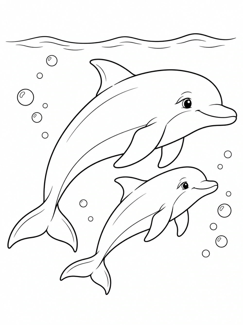 Black-and-white coloring page of a large dolphin and smaller calf swimming right together beneath a curved waterline, surrounded by bubbles.