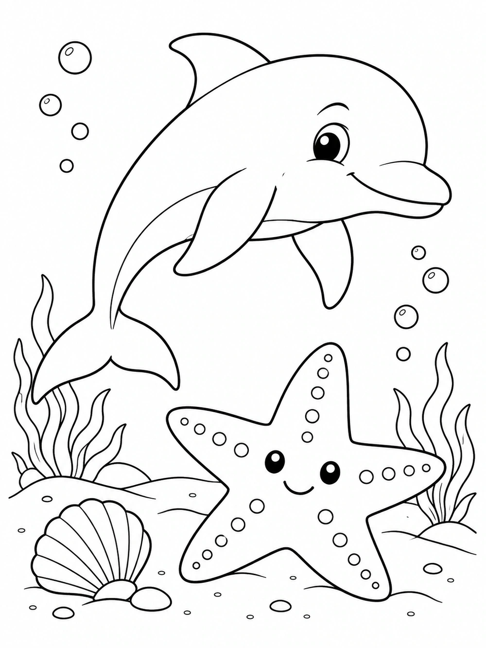Black-and-white underwater coloring page with a friendly dolphin, a large smiling starfish, a shell, and bubbles.