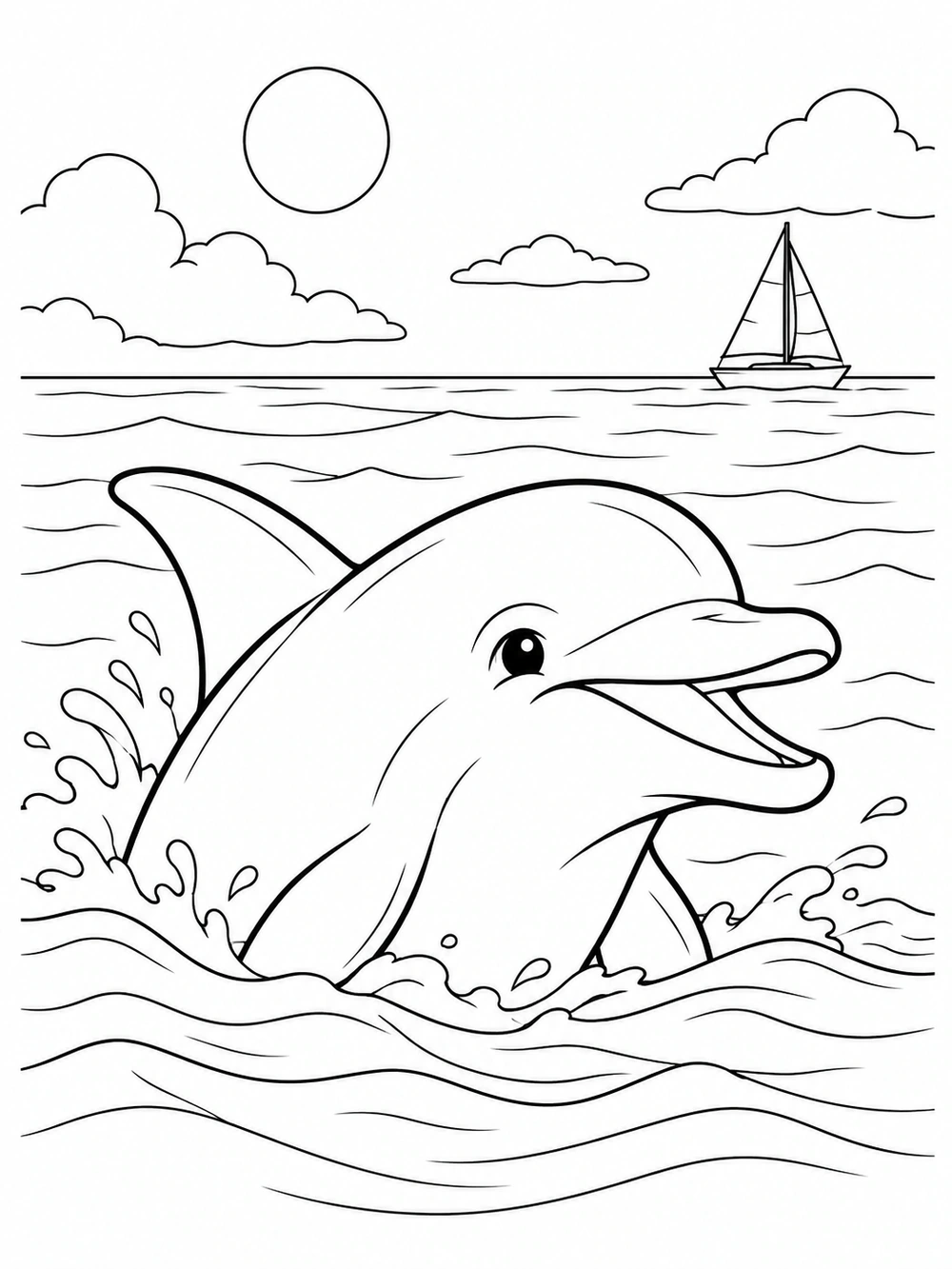 A smiling dolphin surfacing in the foreground with a sailboat far off on the horizon in a black-and-white ocean coloring page.