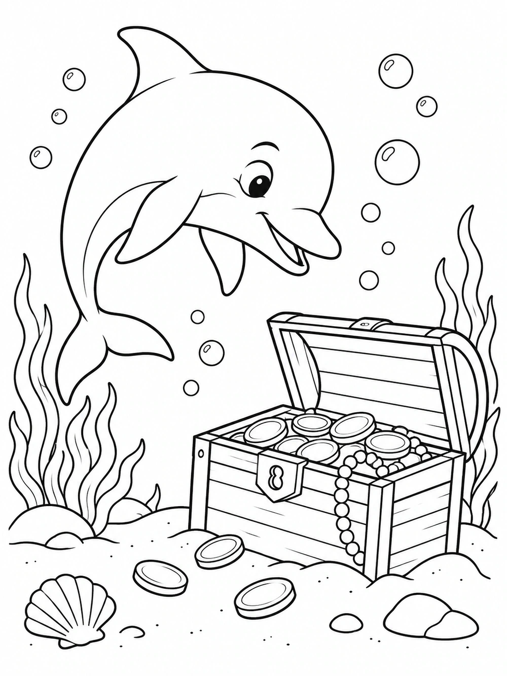 Dolphin finding an open treasure chest among coins on the seabed coloring page