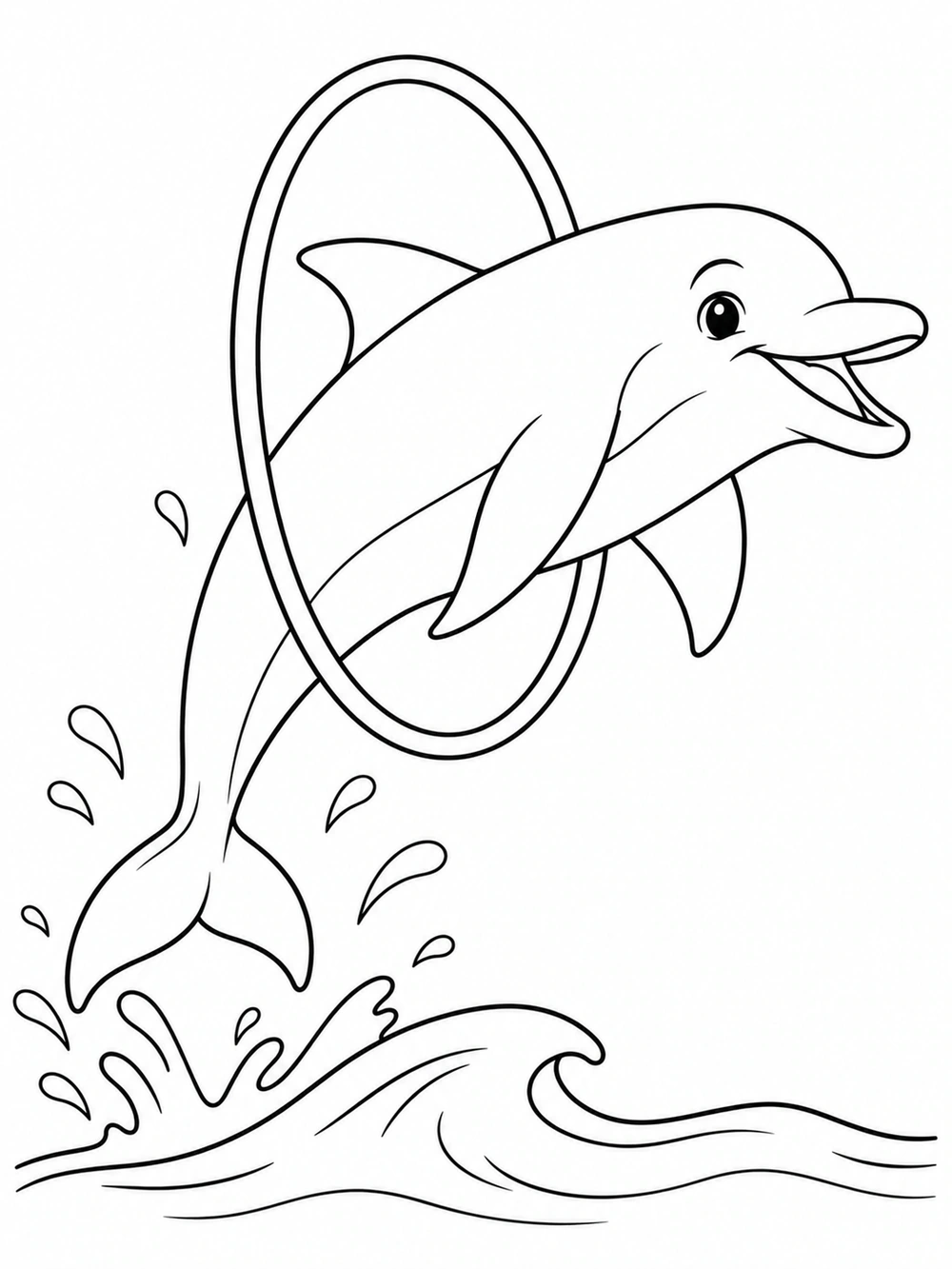 Black-and-white coloring page showing a dolphin leaping through a hoop above a wave, with splash marks.