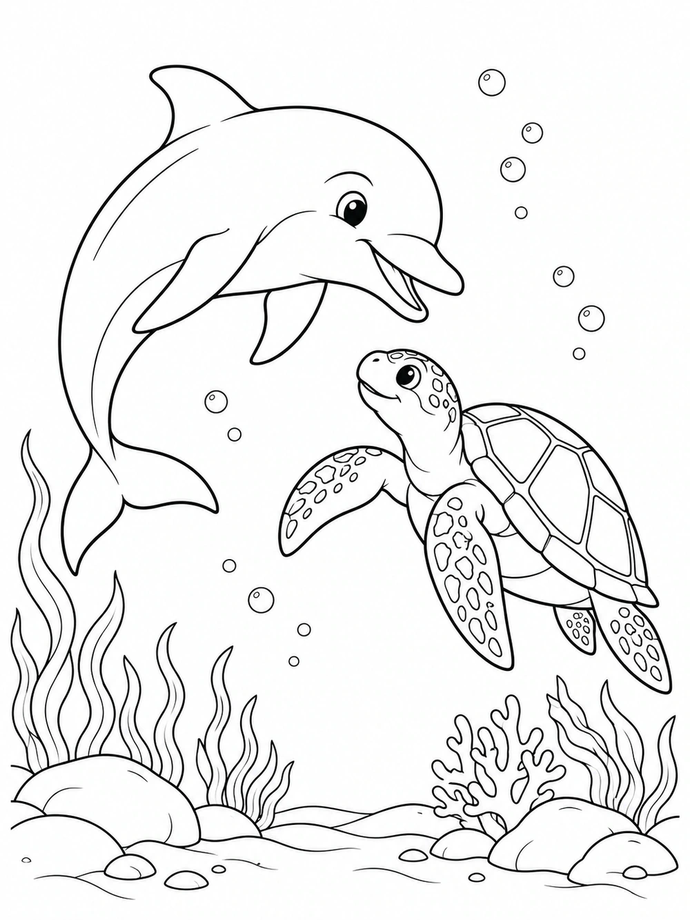 Black-and-white underwater coloring page showing a dolphin and a sea turtle swimming toward each other above coral, with bubbles around them.