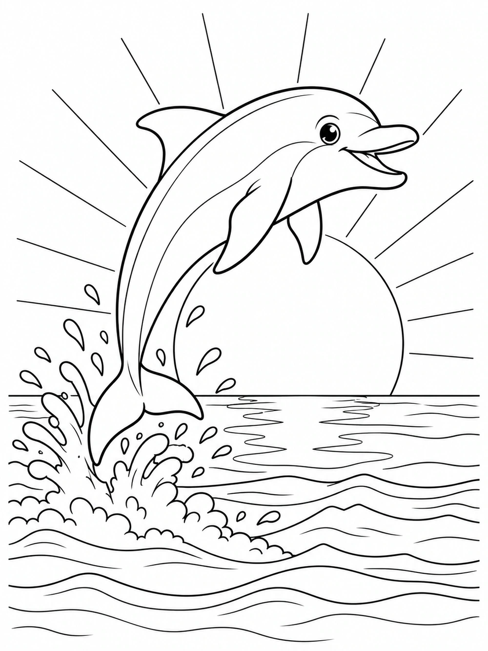Black-and-white dolphin coloring page with a leaping dolphin, sun rays, and ocean waves.