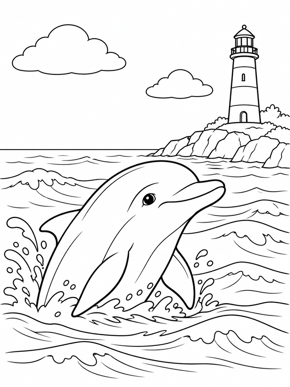 Black-and-white coloring page showing a dolphin surfacing in the foreground, with a lighthouse on a distant rocky shore, broad waves, and two clouds.