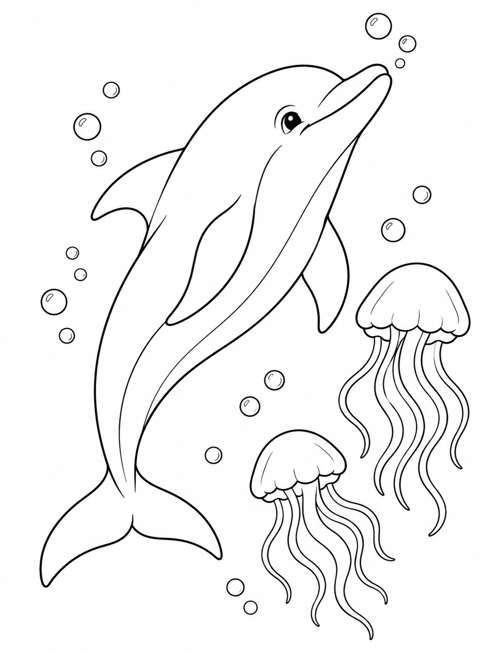 Black-and-white coloring page with an upward-swimming dolphin, two jellyfish, and scattered bubbles.