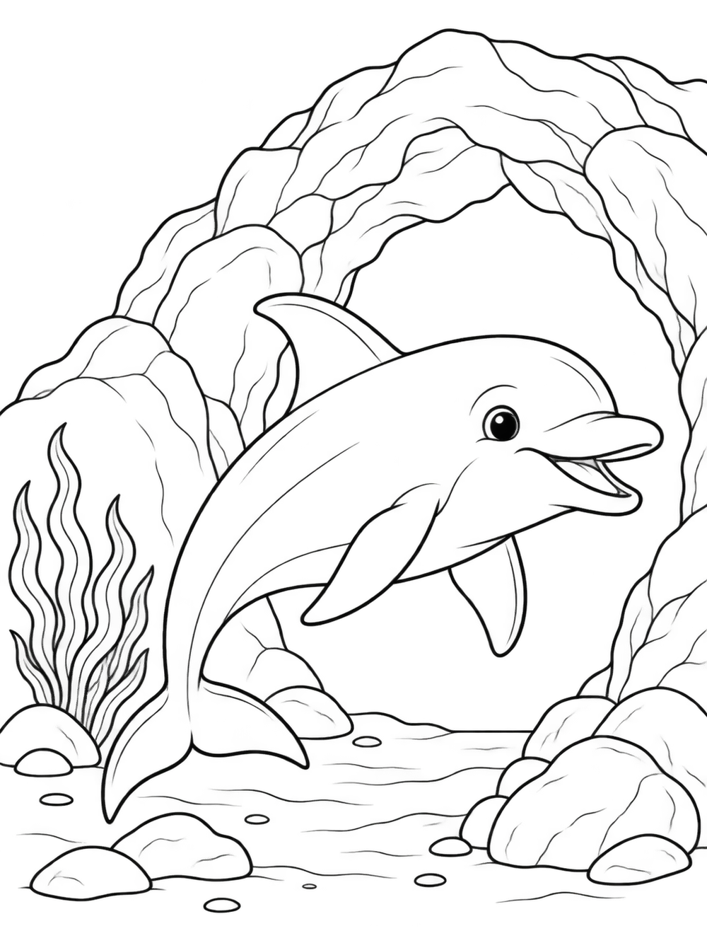 Dolphin swimming in front of a rocky underwater cave coloring page