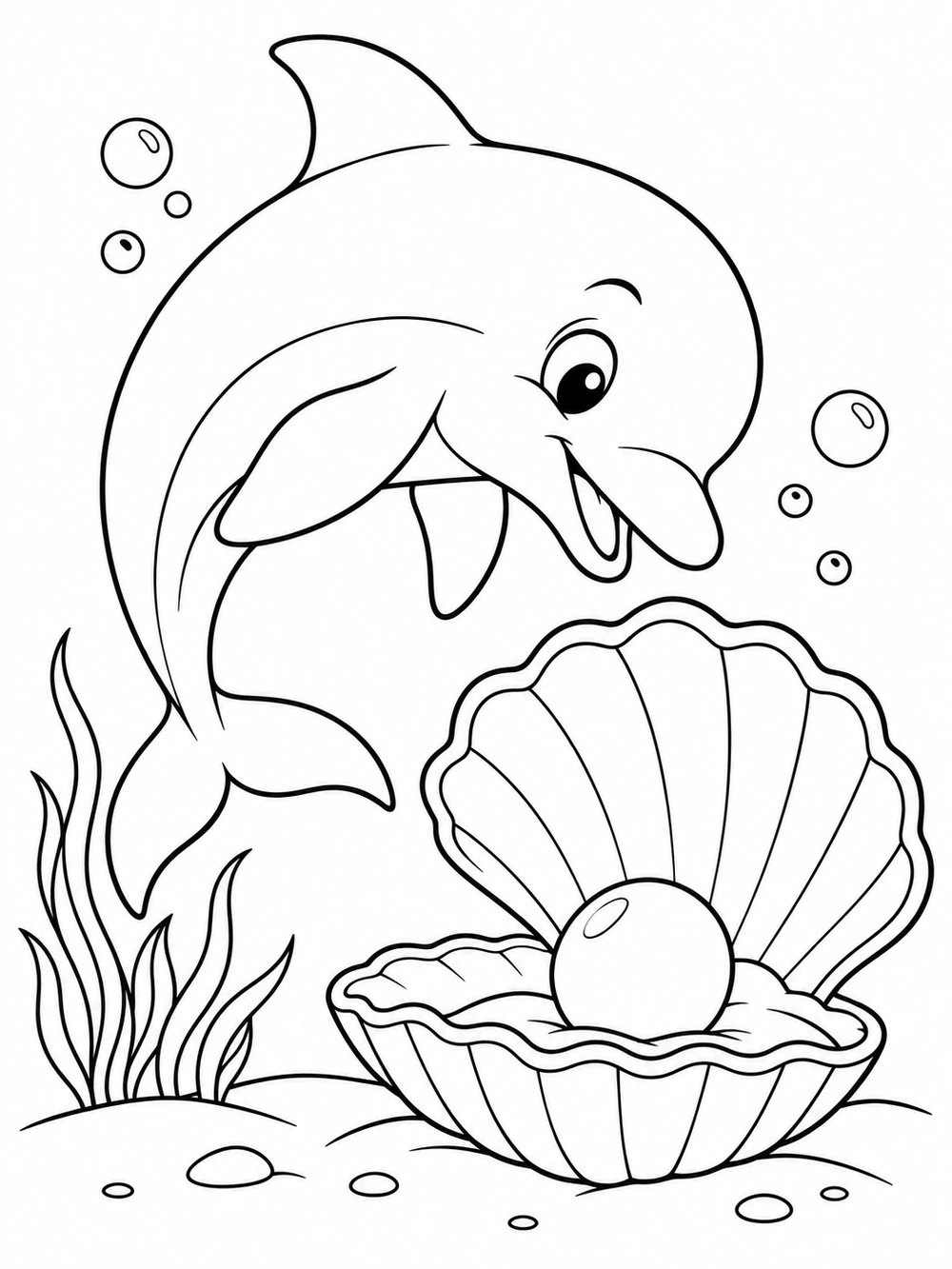 Dolphin looking at a pearl in an open oyster shell coloring page, with bubbles and sea grass.