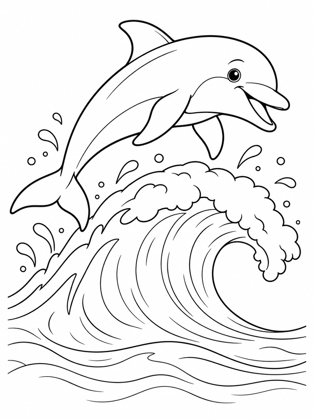 Black-and-white coloring page of a dolphin leaping above a curling ocean wave with splash droplets.