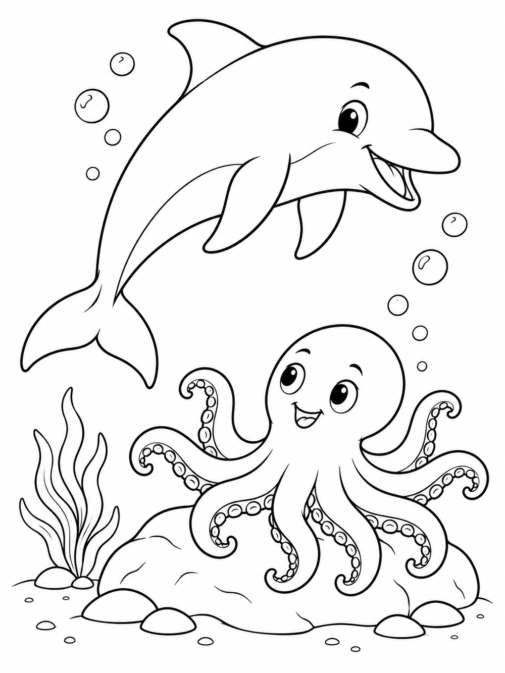 Black-and-white coloring page showing a smiling dolphin swimming above an eight-tentacled octopus on a rock, with bubbles and a sea plant.