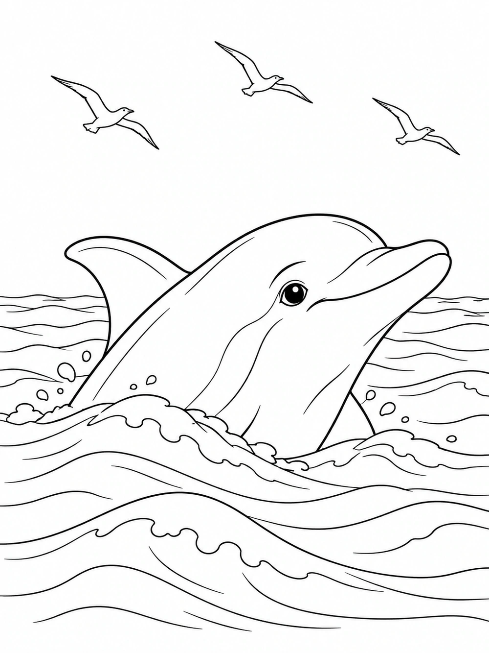 Black-and-white coloring page of a dolphin surfacing among ocean waves beneath three seabirds.