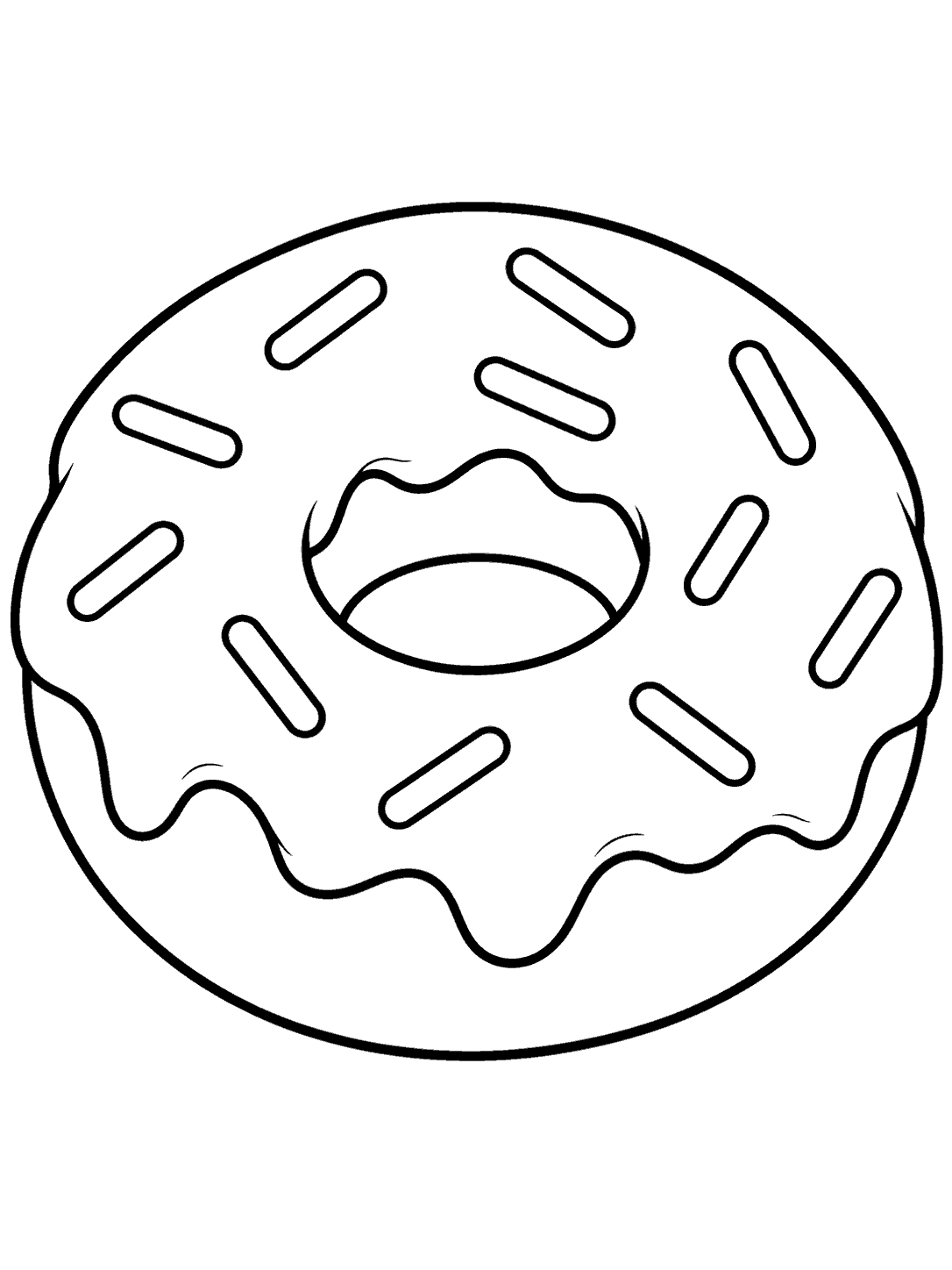 Black outline of a large glazed ring donut with long sprinkles on a white page