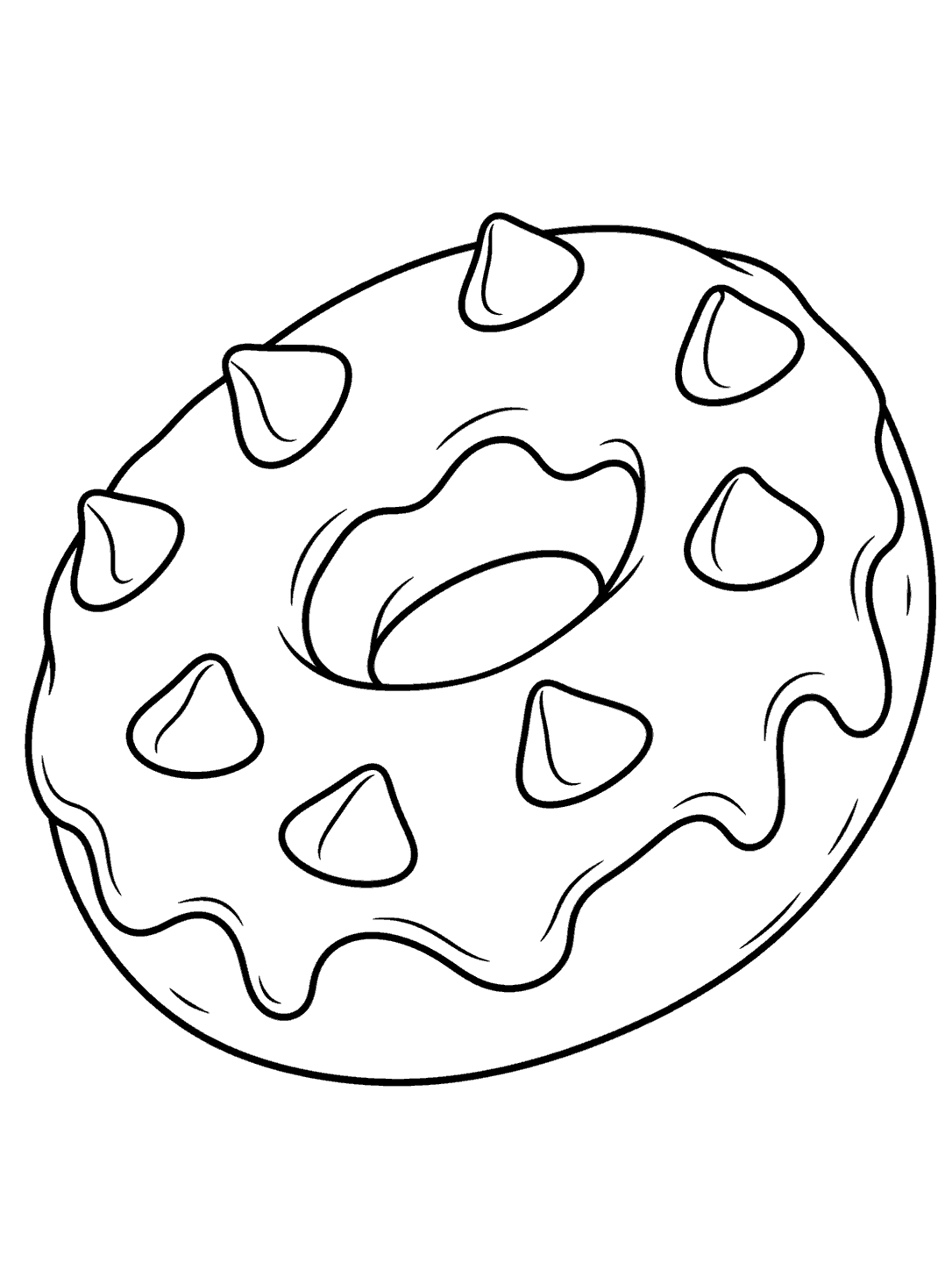 A large diagonal ring donut outlined in black, with wavy icing and separate chocolate chips.