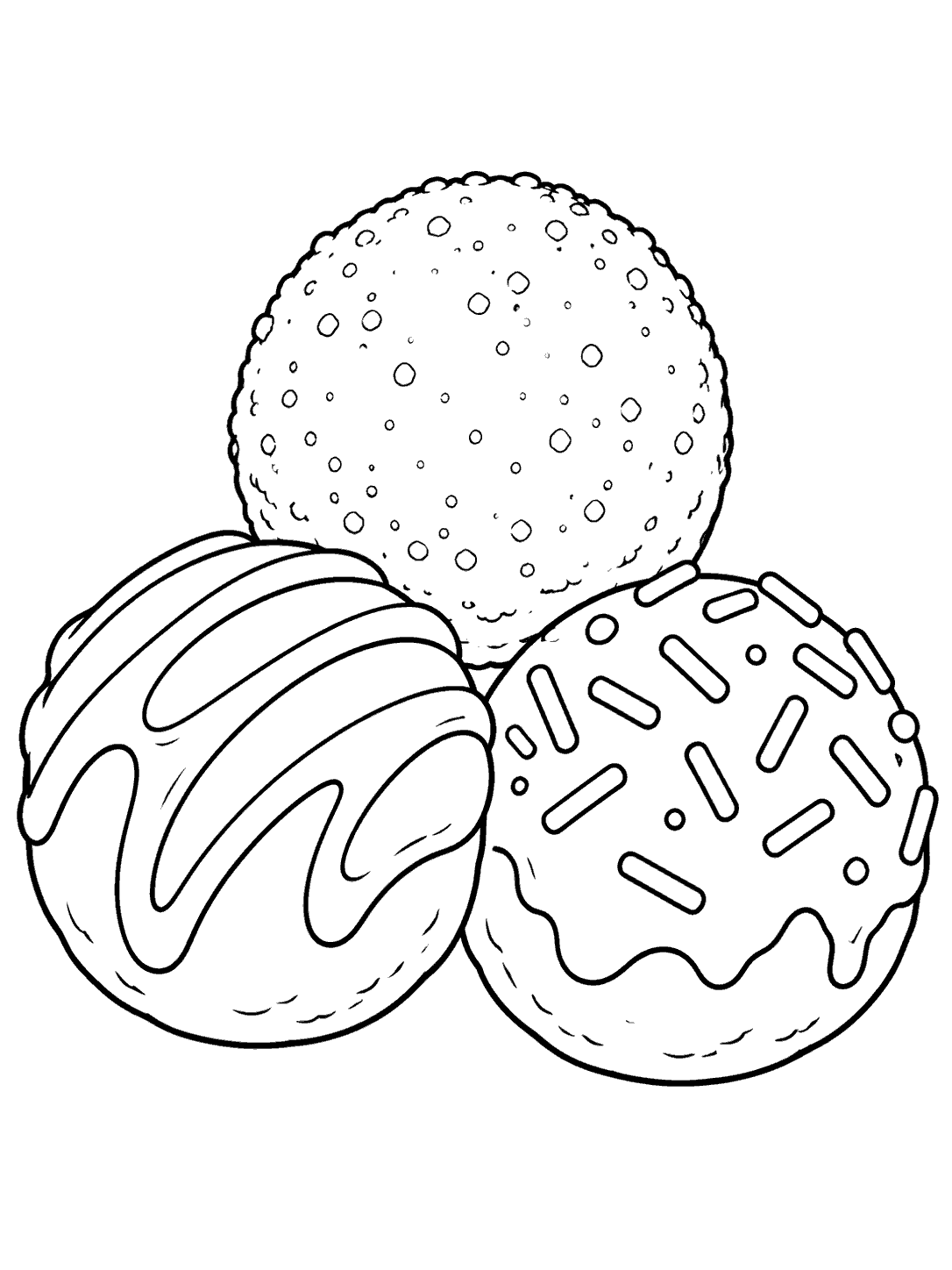 Three large outlined donut holes clustered together, one sugar-dusted, one drizzled, and one sprinkled.