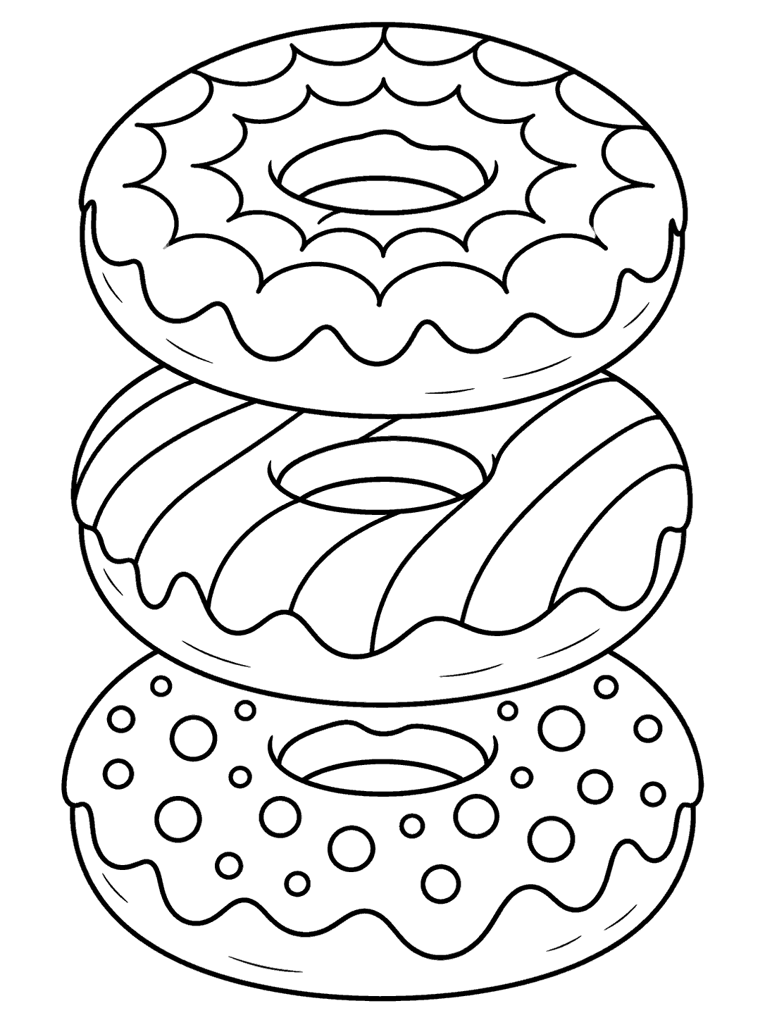 A black-and-white coloring page of three stacked ring donuts with scalloped icing, broad stripes, and round toppings.