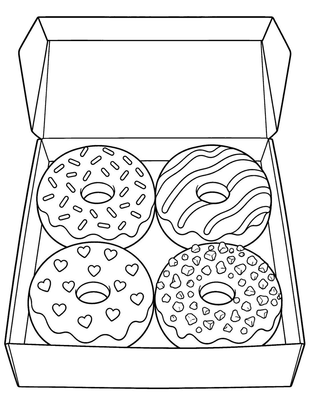 Open pastry box containing four ring donuts with different toppings: sprinkles, icing stripes, hearts, and candy pieces.