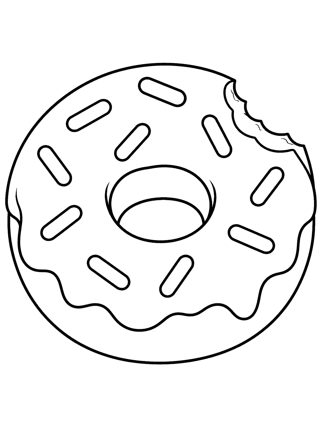 Large ring donut with a small bite missing from the upper-right edge, topped with icing and sprinkles.
