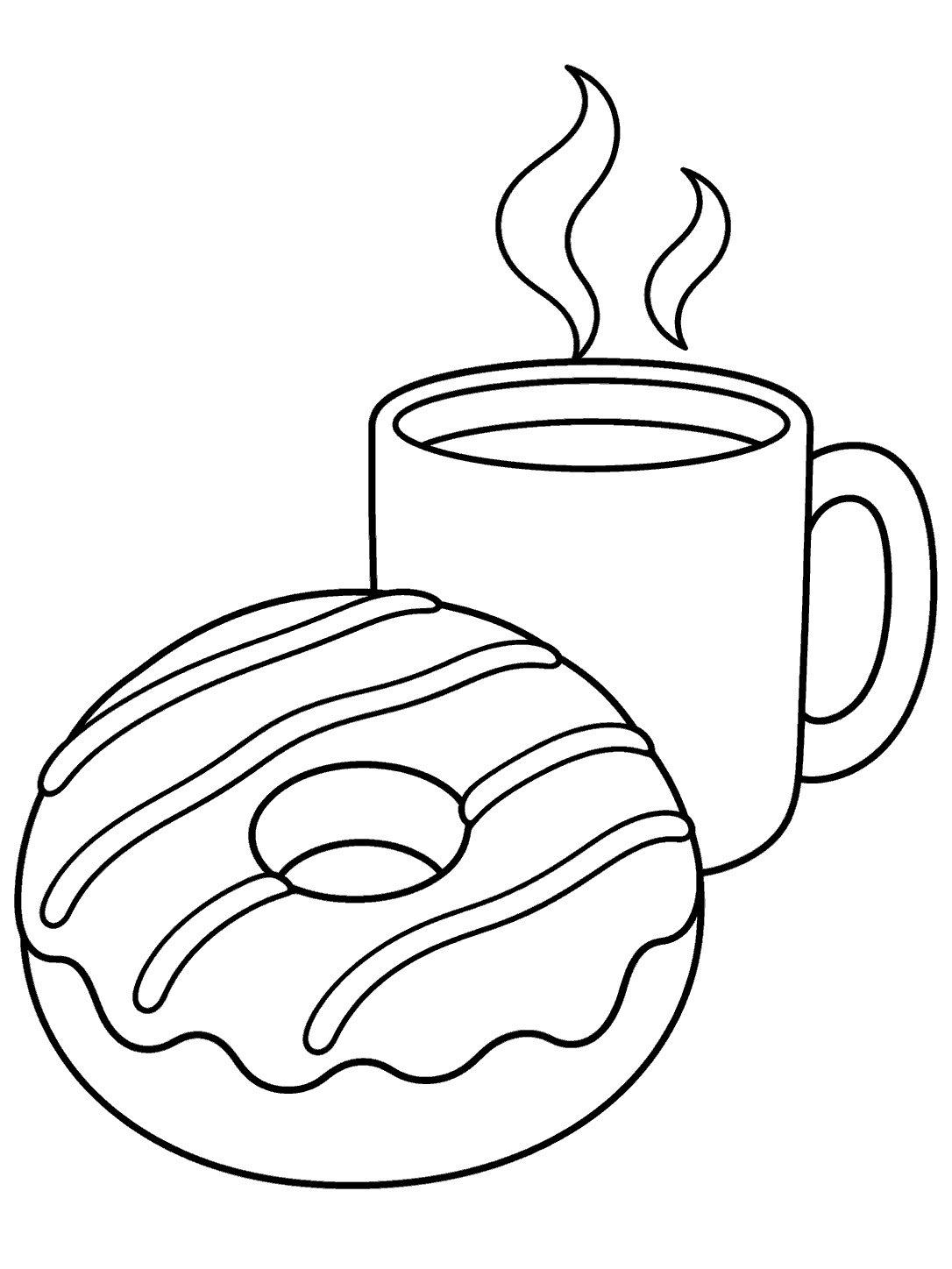 Iced ring donut beside a mug with two curling wisps of steam