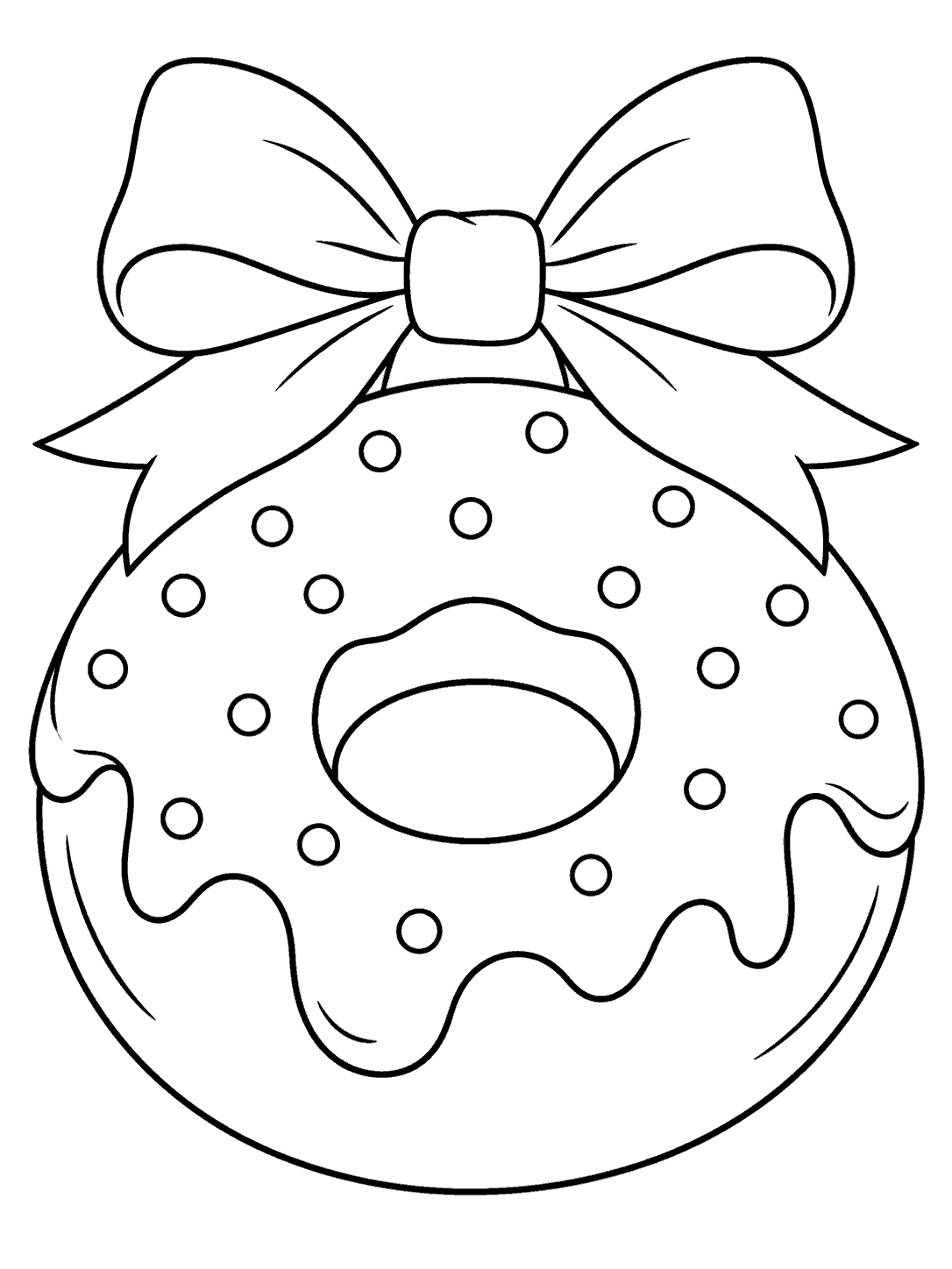 Black outline coloring page of a round, sprinkled donut with dripping icing and a large bow perched above it.