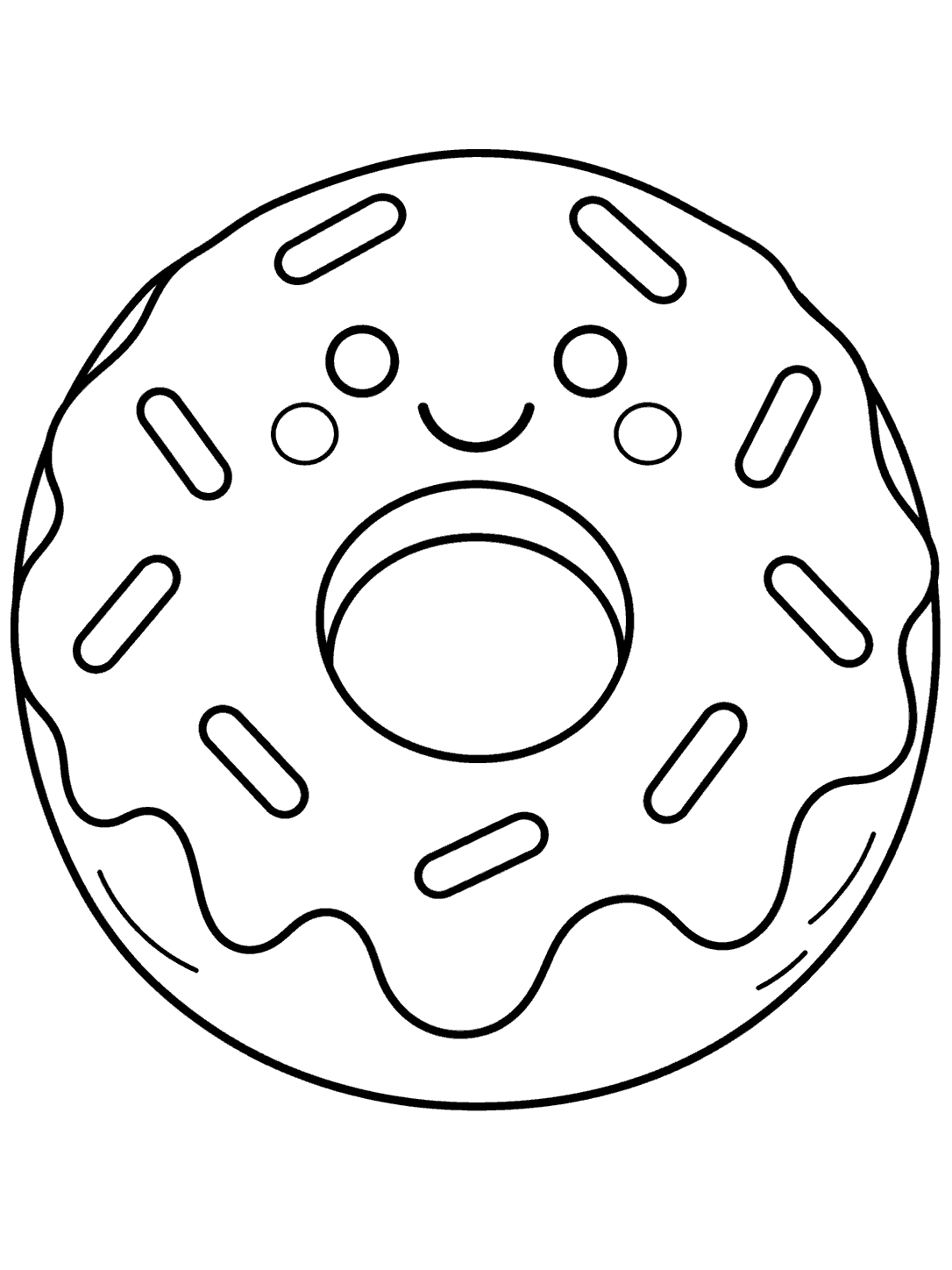 Black-and-white coloring page of a smiling ring donut with icing and sprinkles