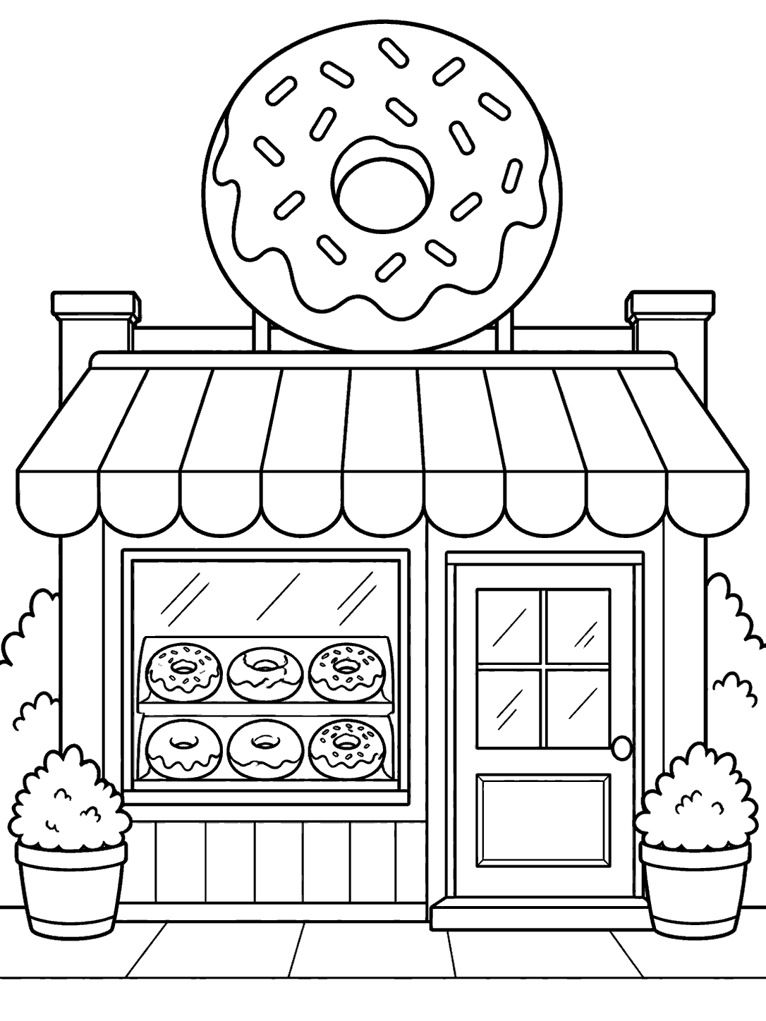 Donut shop with a large ring-donut sign, striped awning, display window, door, and potted shrubs