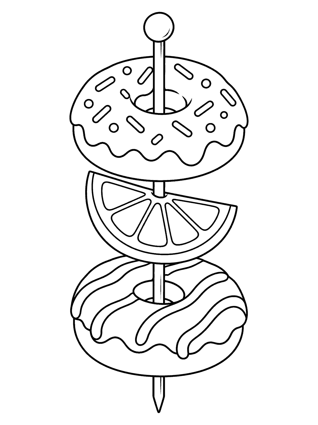 Two patterned ring donuts with a citrus slice threaded on a vertical skewer