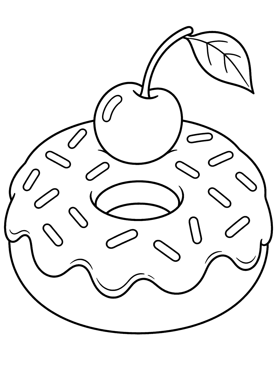 A large ring donut with icing and sprinkles, topped by a cherry with a curved stem and leaf.