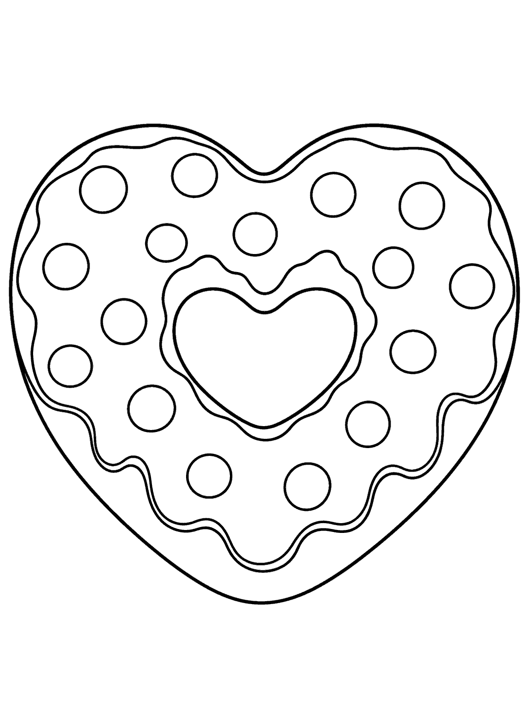 Heart-shaped donut with a central heart-shaped opening, wavy icing border, and scattered round dots.