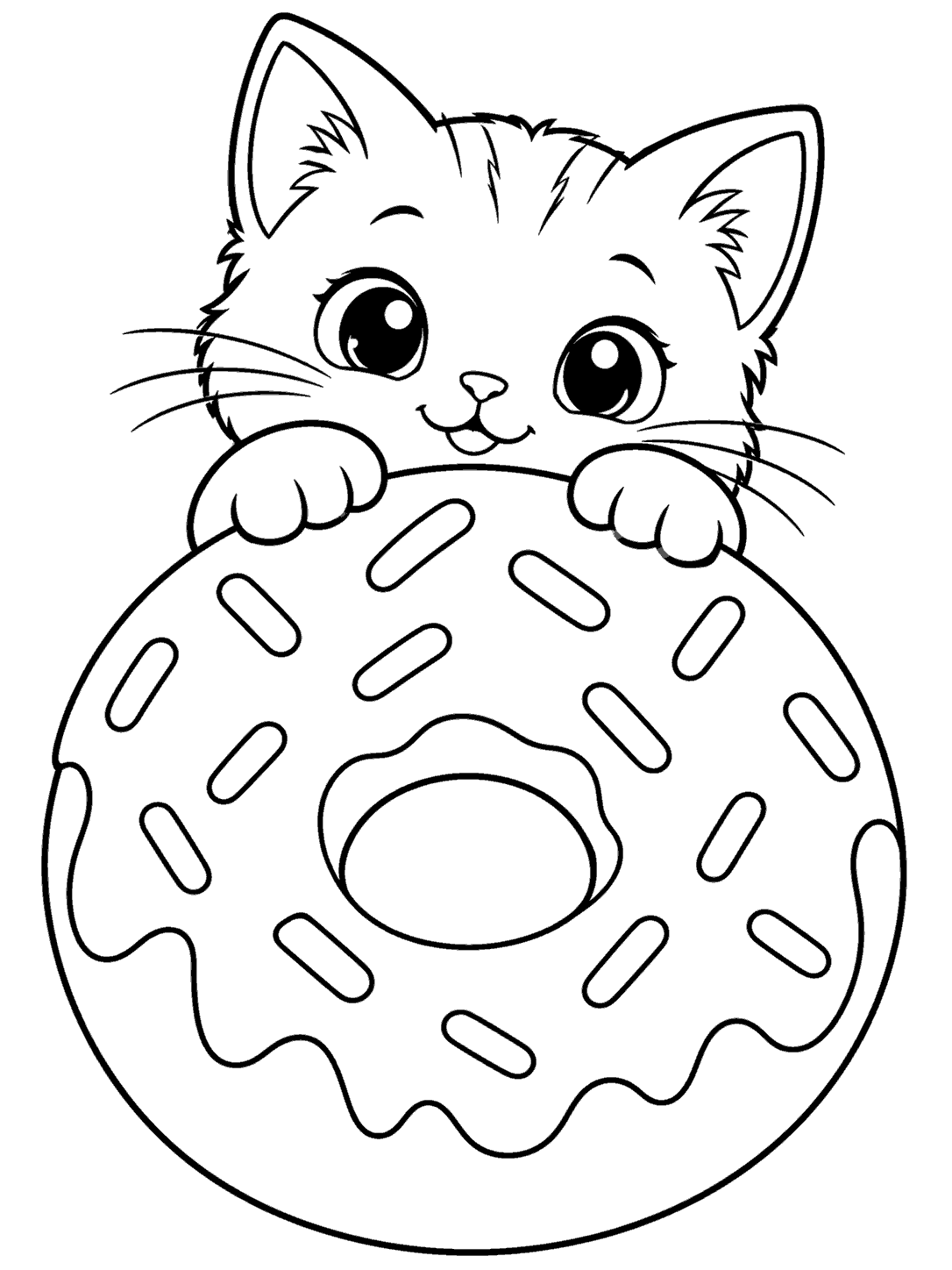 A wide-eyed kitten rests its front paws over a large ring donut covered in open sprinkle shapes.