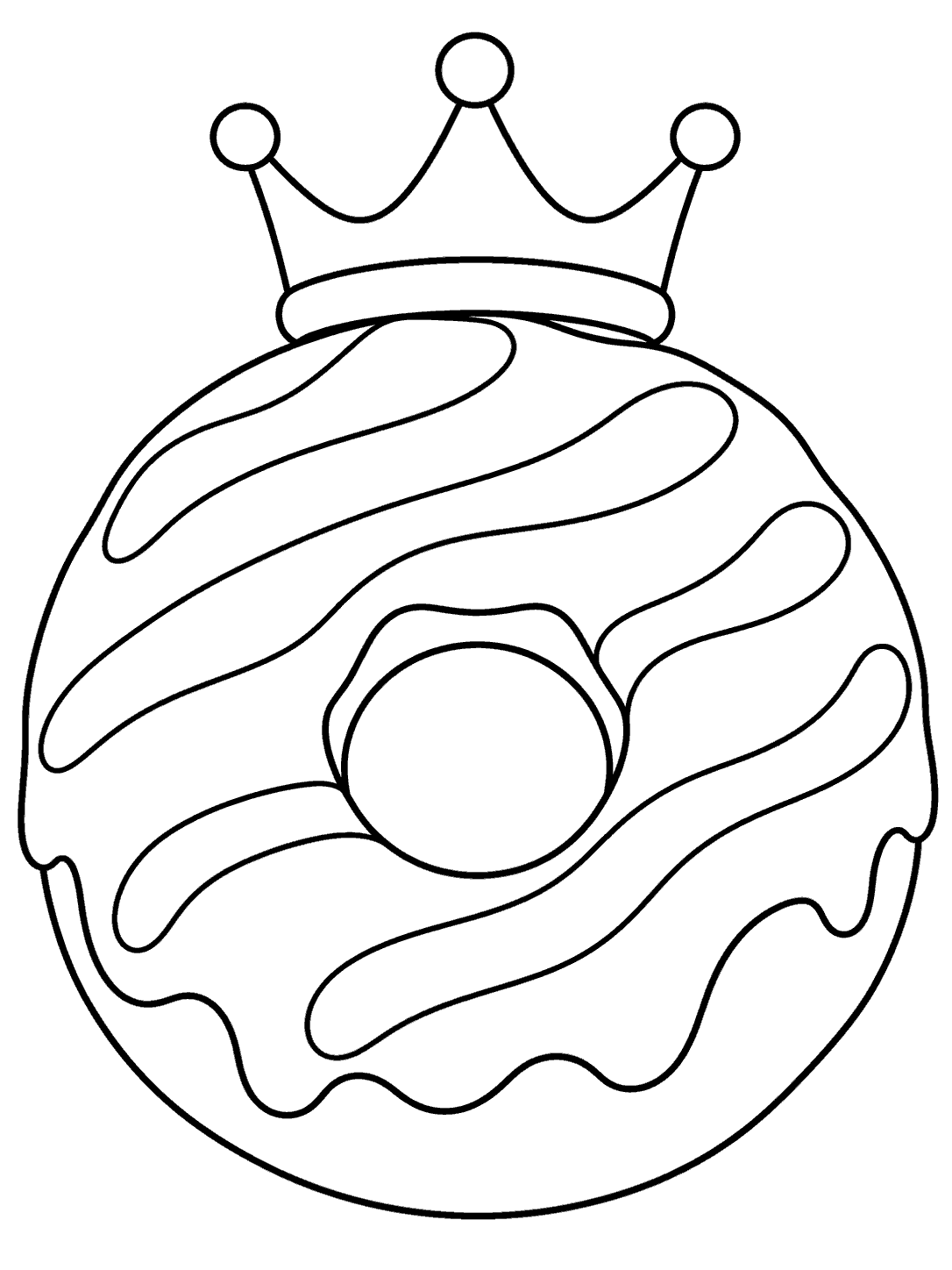 Large ring donut with broad icing swirls and a simple three-point crown above it