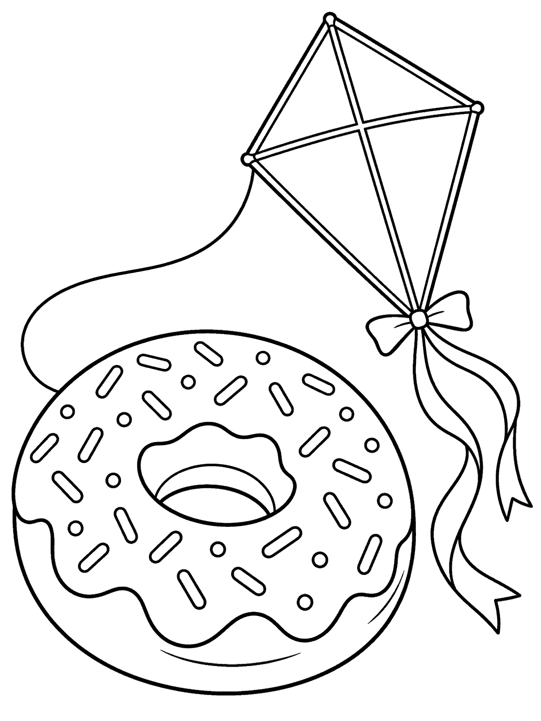 Black-and-white coloring page of a large iced ring donut beside a diamond kite with curling ribbon tails.