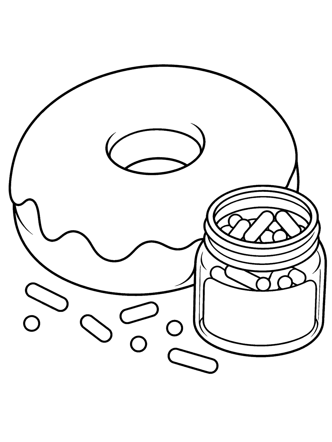 Open sprinkle jar beside a plain-iced donut