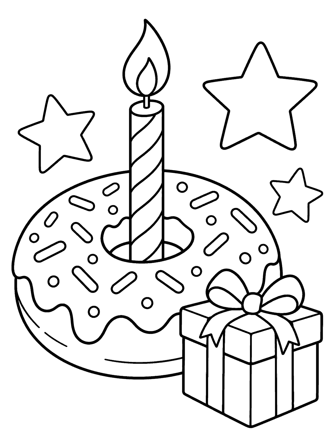 A frosted ring donut with one upright candle, a bow-wrapped present, and three outlined stars.