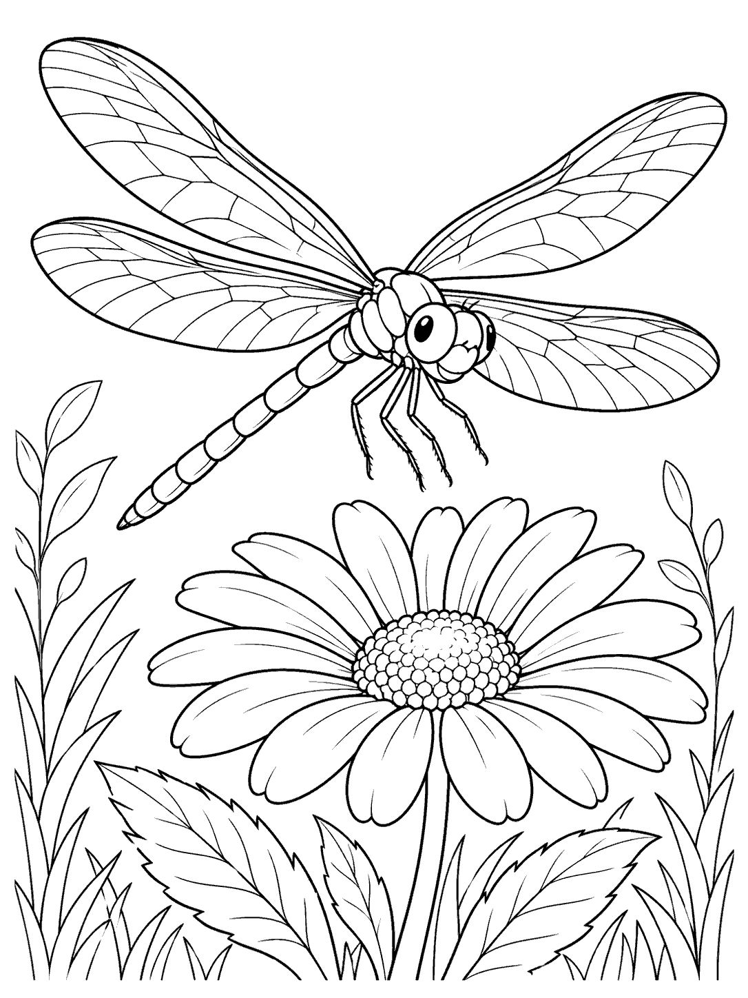 Large dragonfly with four veined wings hovering over an open daisy among garden leaves, in black-and-white coloring page line art.