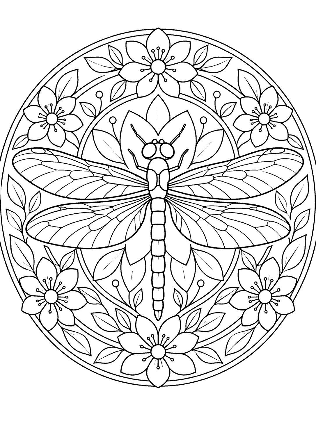 Dragonfly centered in a floral mandala coloring page
