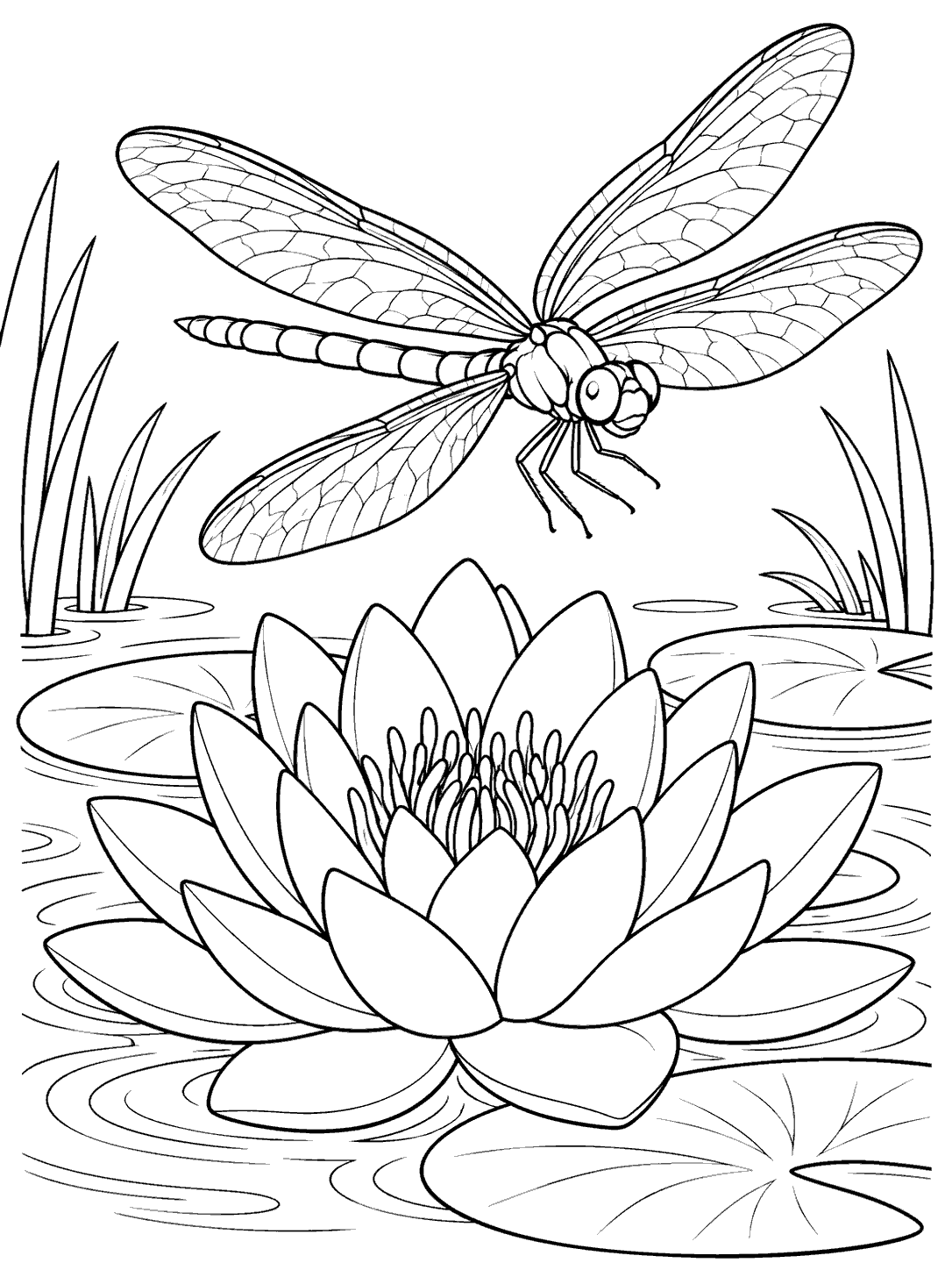 Dragonfly flying above a water lily coloring page