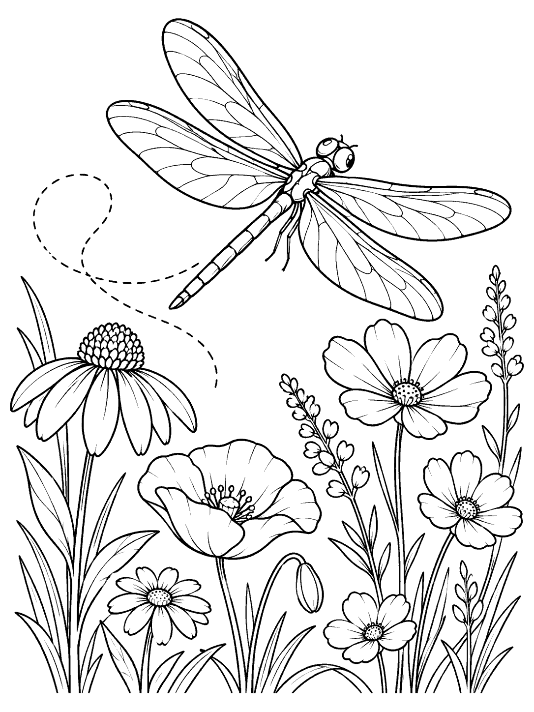 Dragonfly with a curved dotted flight path above several wildflowers on a portrait coloring page
