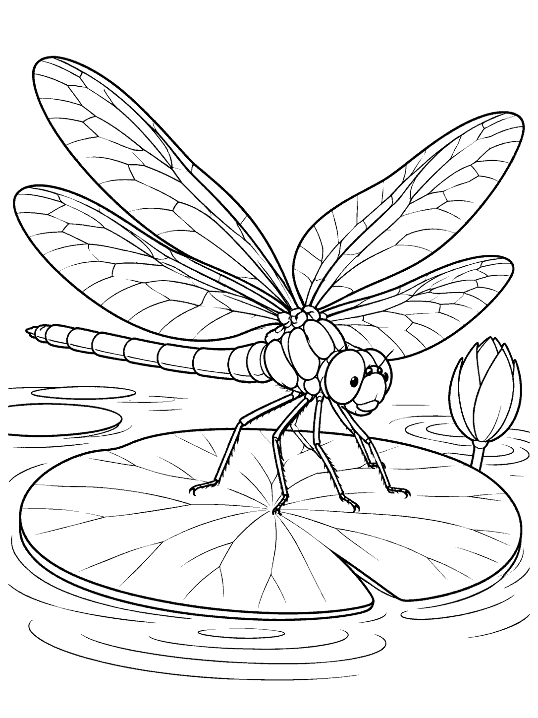 Line-art dragonfly standing on a large lily pad, with a flower bud and ripples, in a coloring page