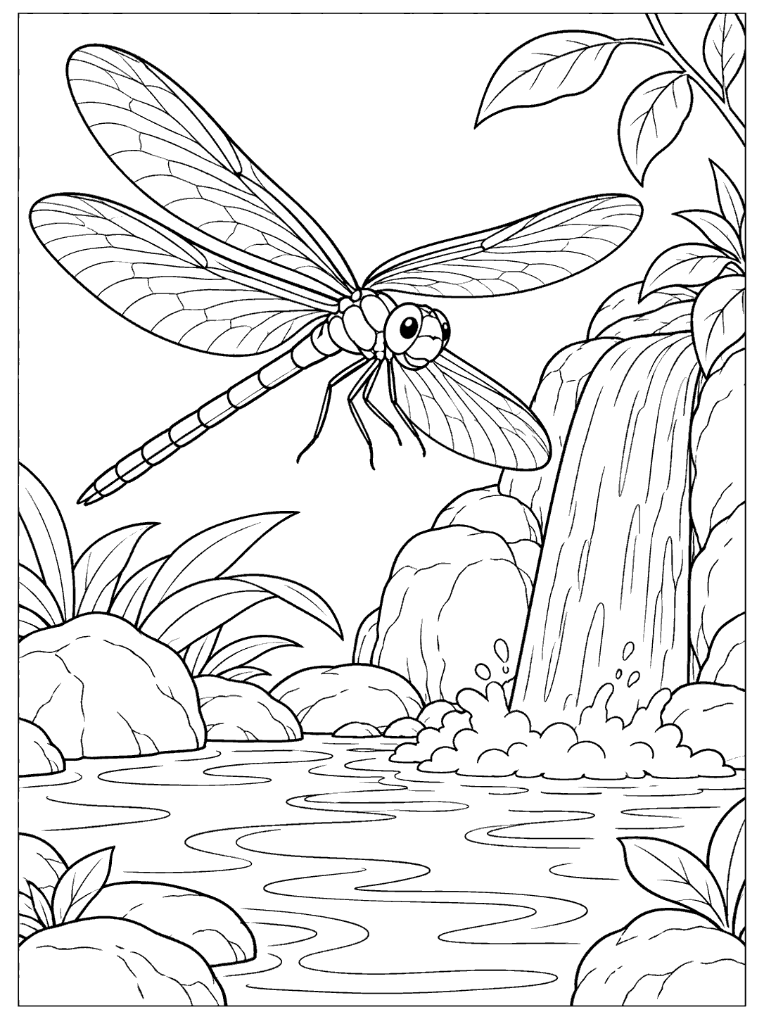 Large dragonfly flying beside a waterfall and pond, surrounded by rocks and leaves, in a coloring page.
