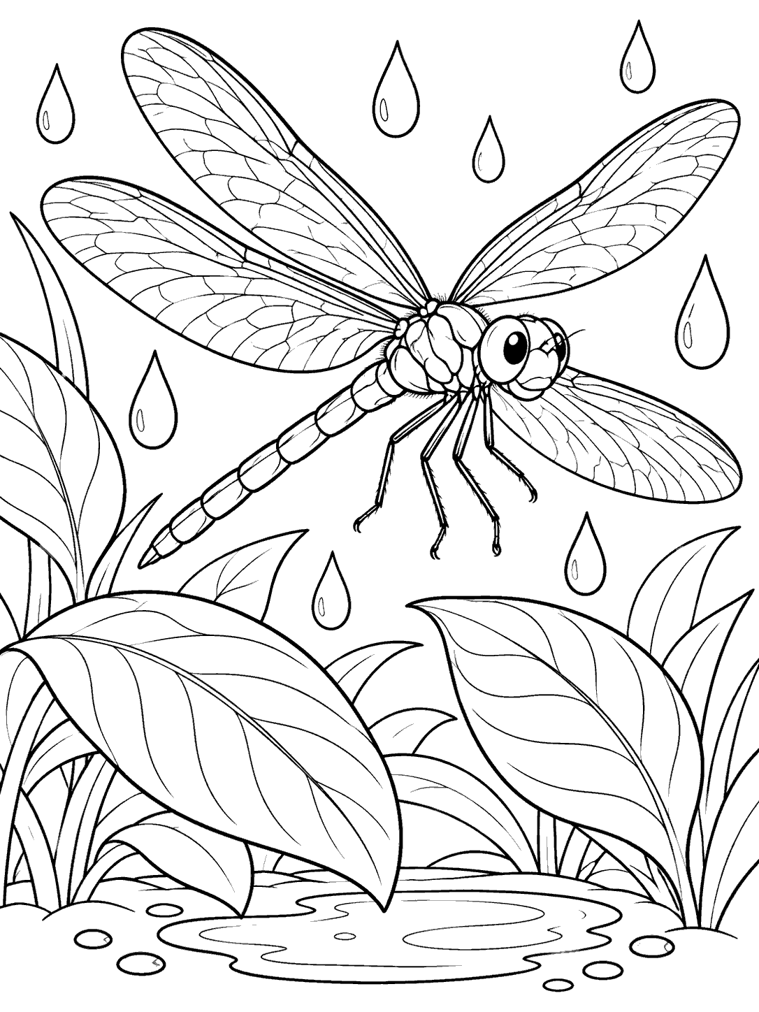 Dragonfly hovering among raindrops, broad leaves, and a puddle in a coloring page.