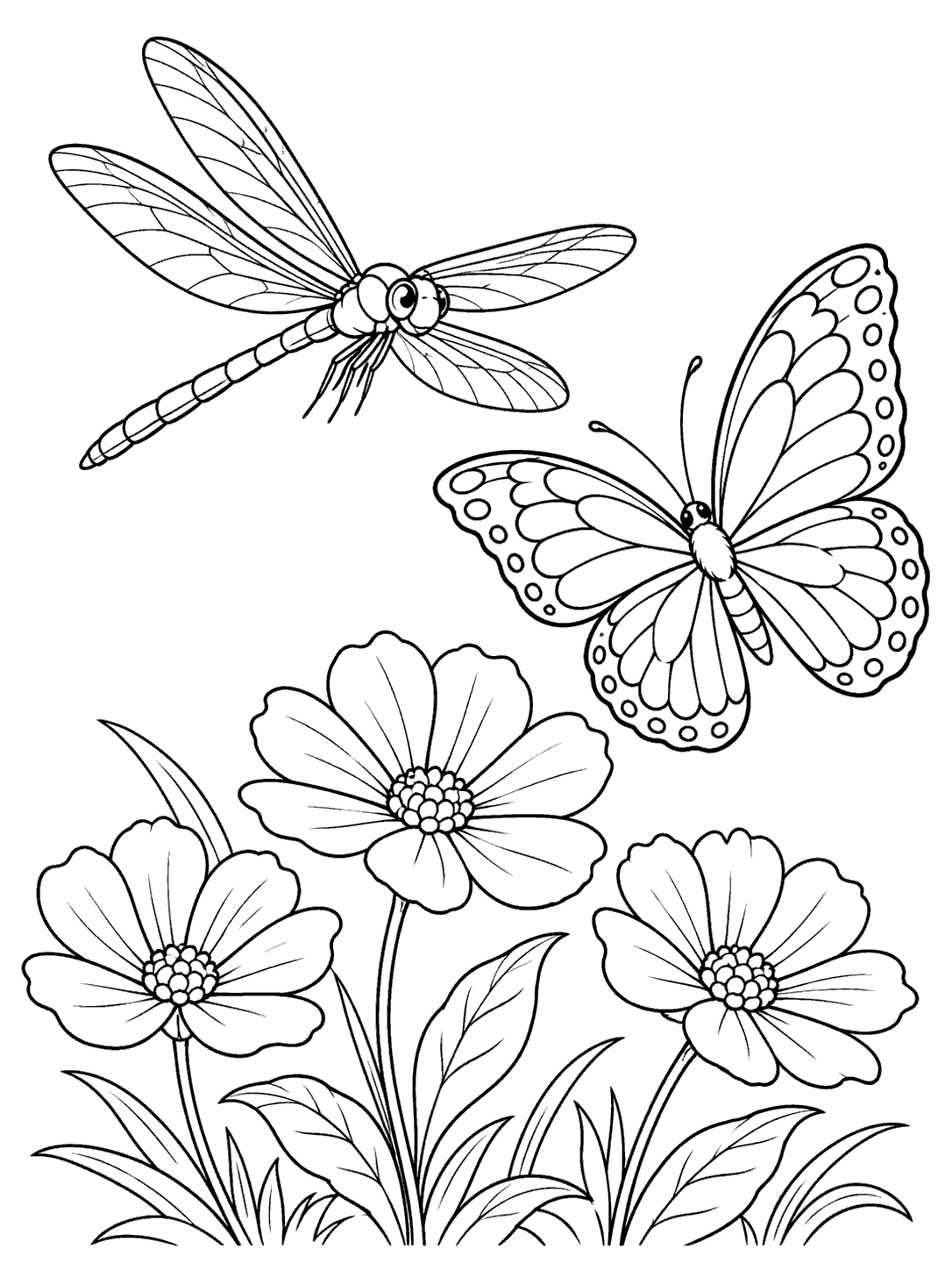 Black and white coloring page showing a long-bodied dragonfly and a patterned butterfly above three flowers and leafy grass.
