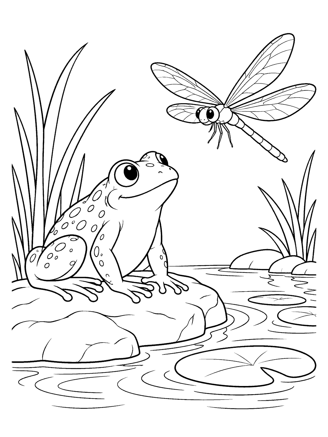 Friendly frog on a flat stone watching a dragonfly hover above pond ripples, with reeds and a lily pad.
