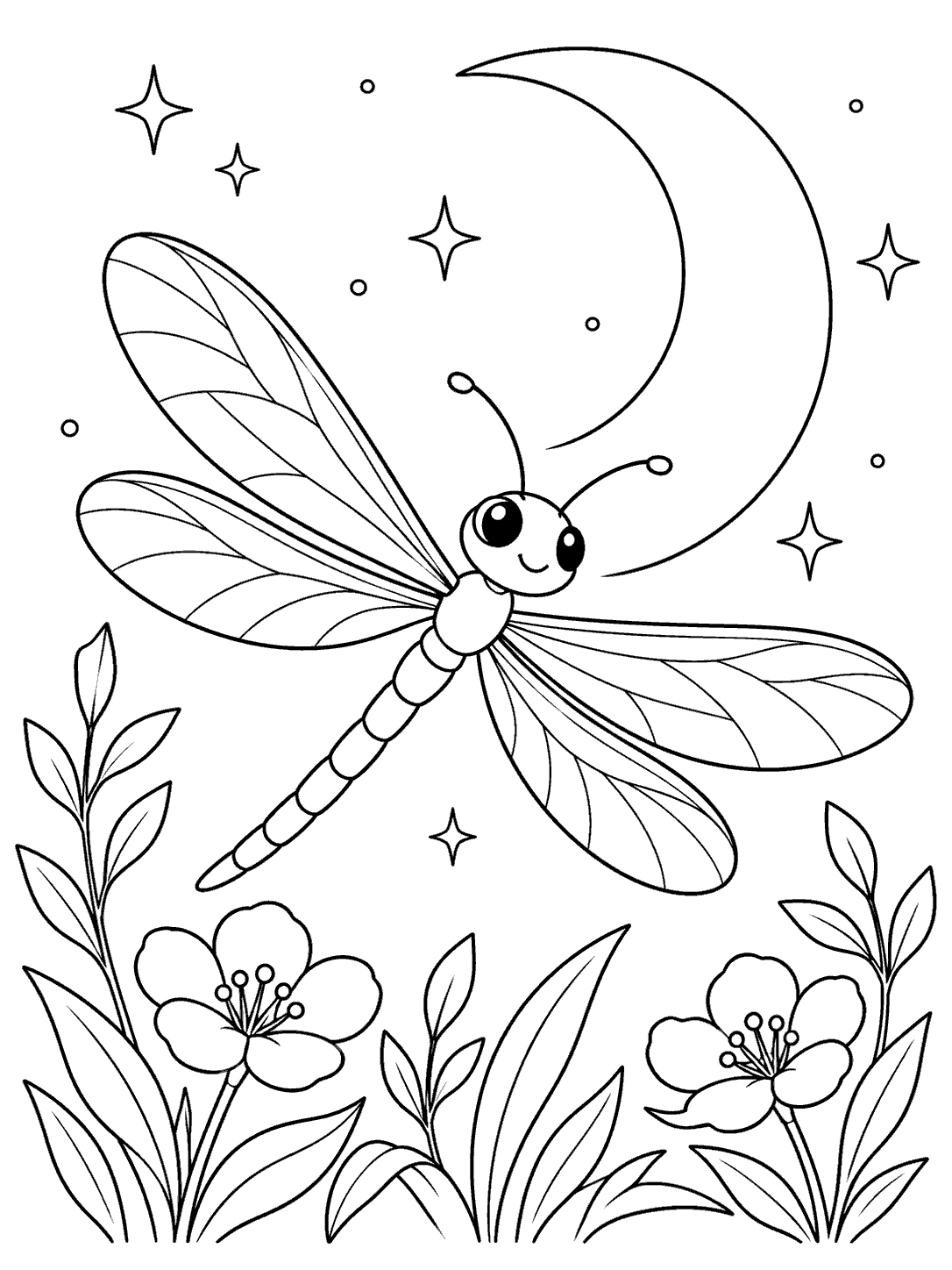 Whimsical dragonfly with broad patterned wings beneath a crescent moon, surrounded by stars and flowers in a black-and-white coloring page.