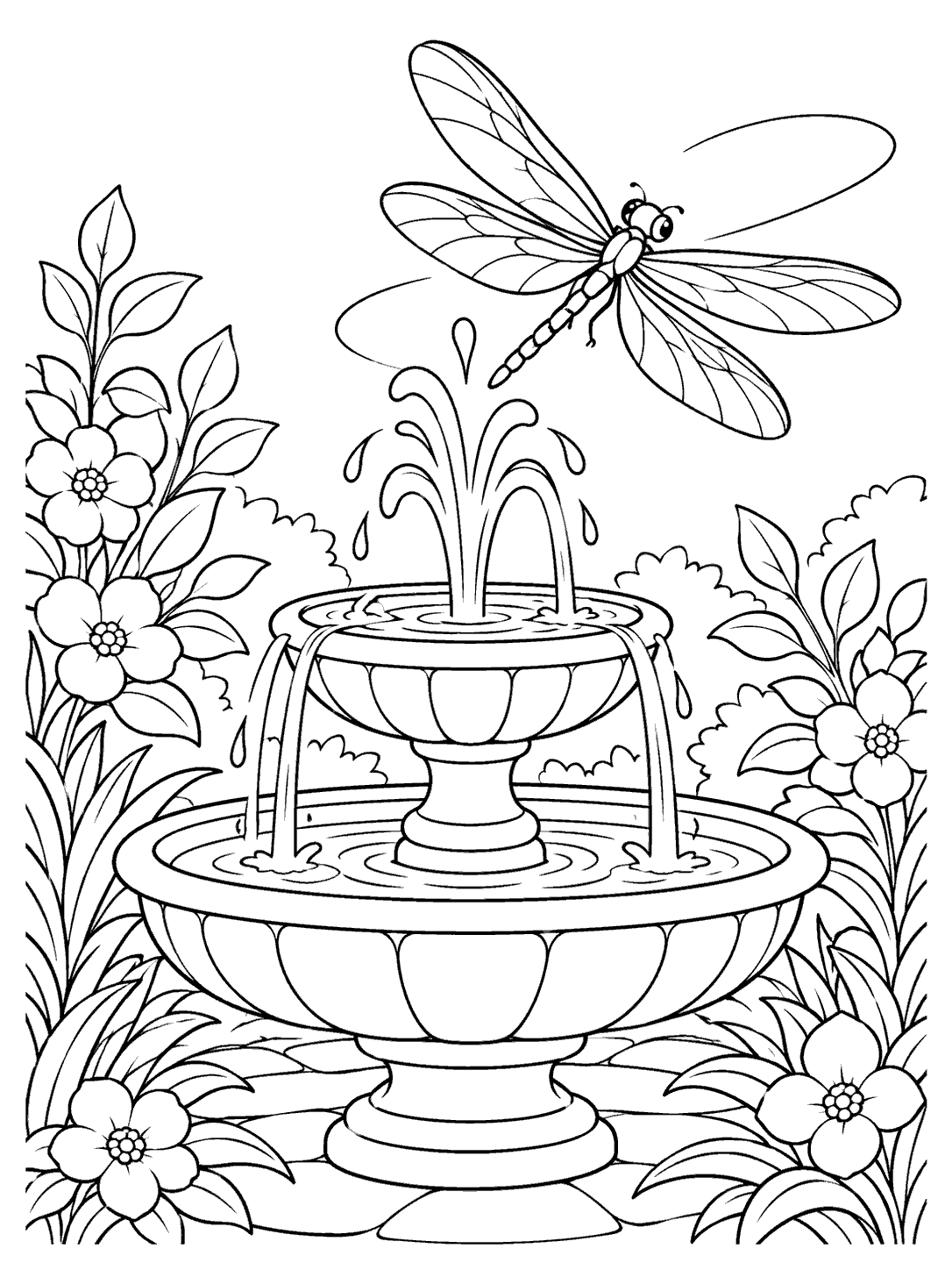 Large dragonfly above a tiered fountain, surrounded by flowers and leafy plants, in a black-and-white coloring page.