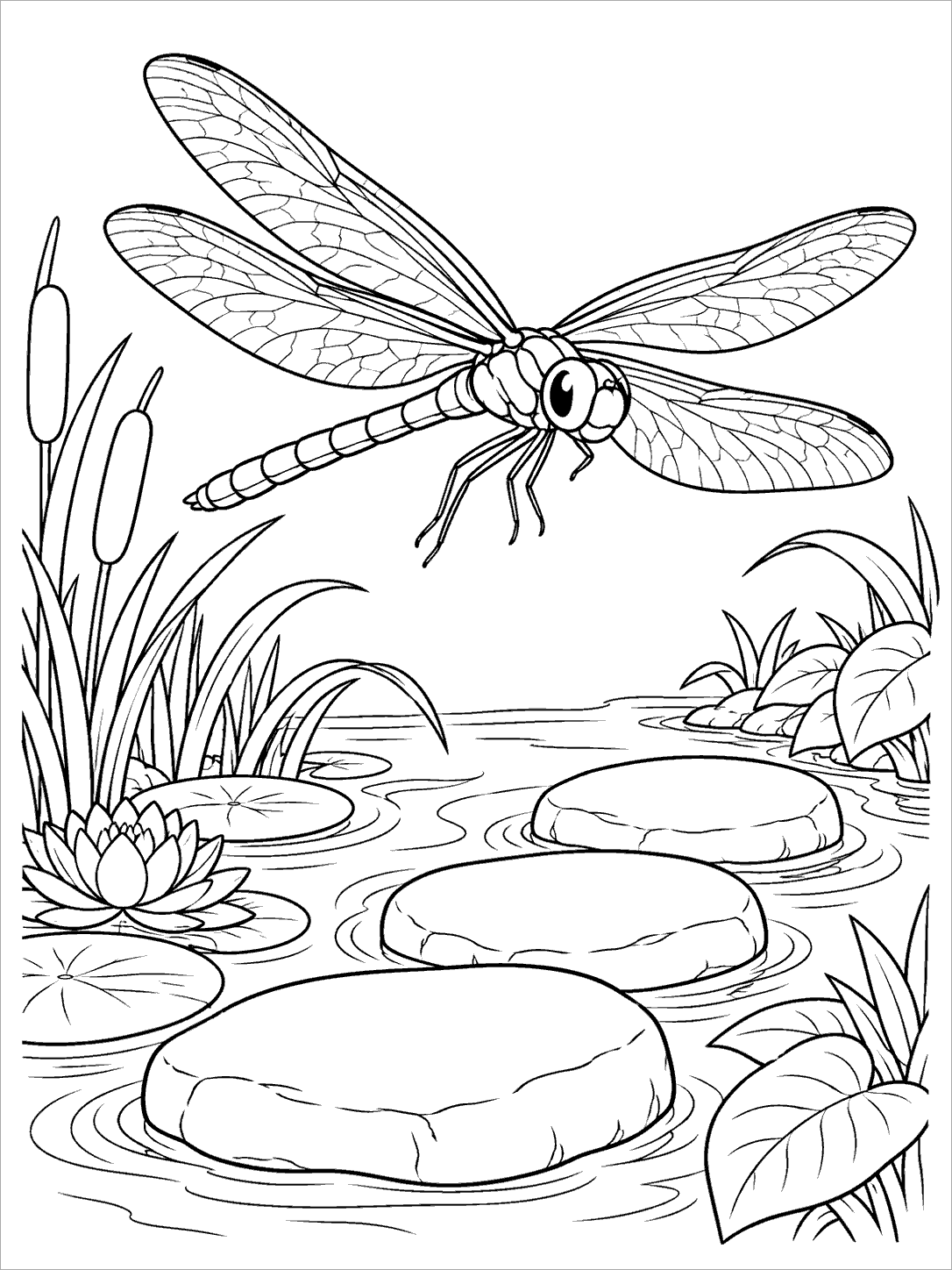 Large dragonfly above three stepping stones in a pond coloring page