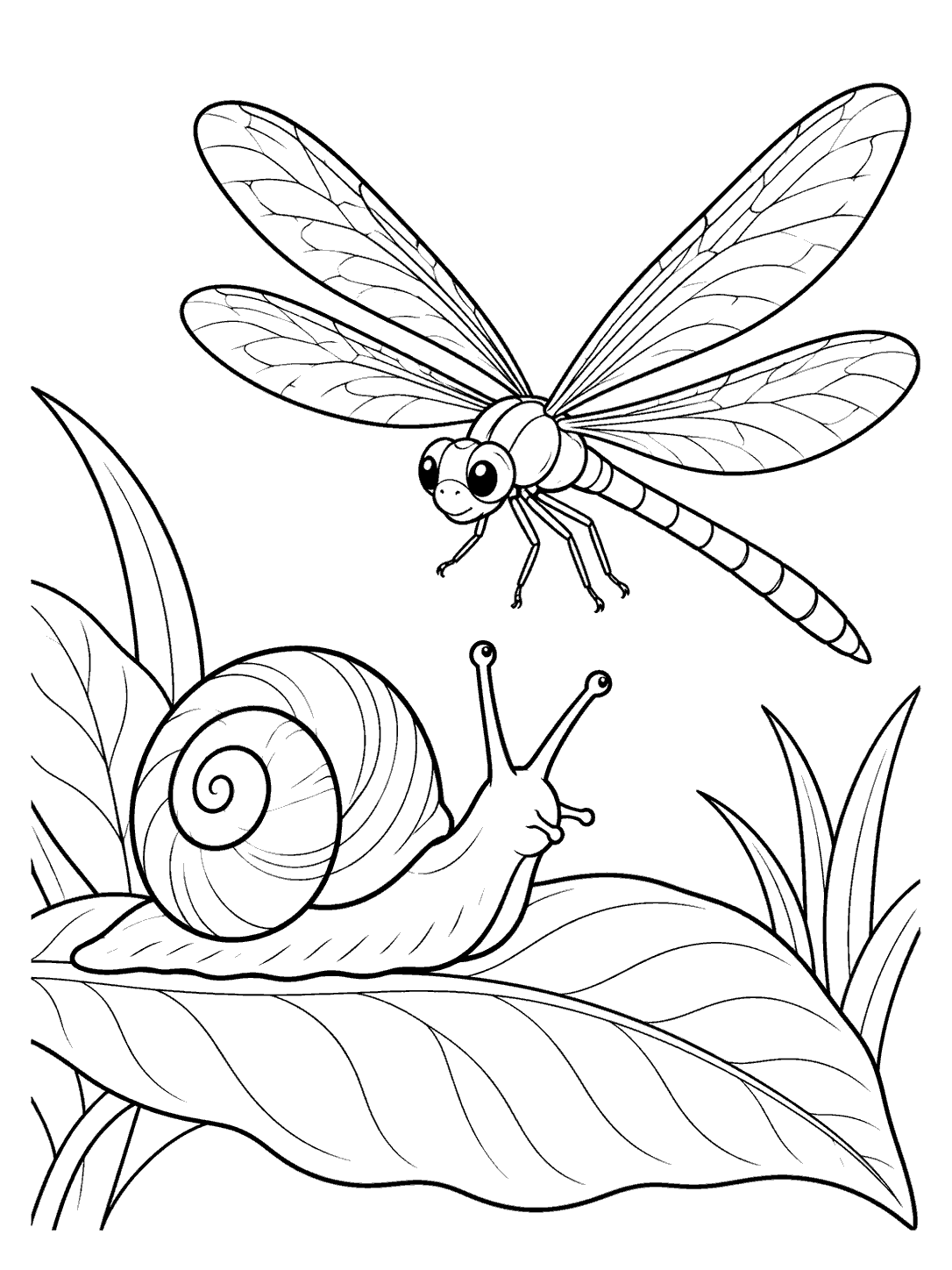 Black-and-white coloring page of a spiral-shelled snail on a leaf beneath a four-winged dragonfly.