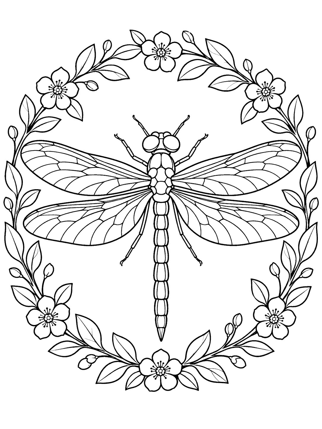 Black-and-white dragonfly with wide patterned wings inside a circular wreath of leaves, buds, and flowers.