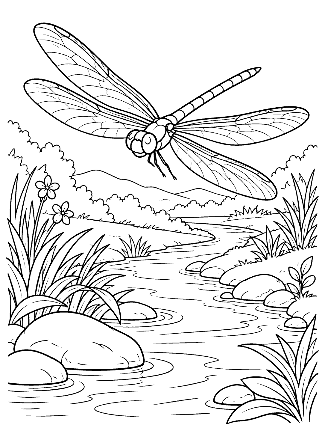 Dragonfly skimming over a winding stream coloring page
