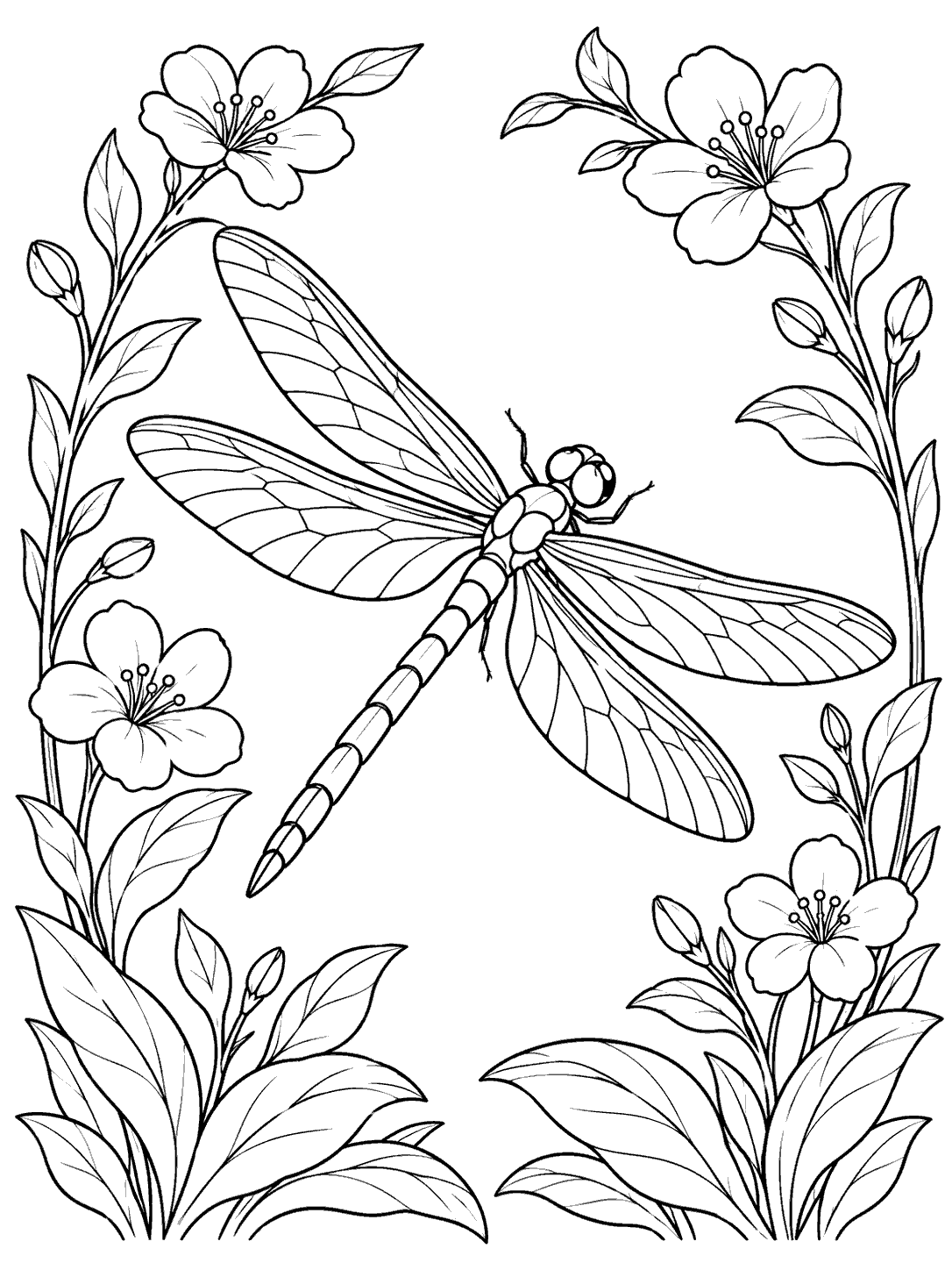 Dragonfly with four outstretched wings flying between flowering stems on a printable coloring page
